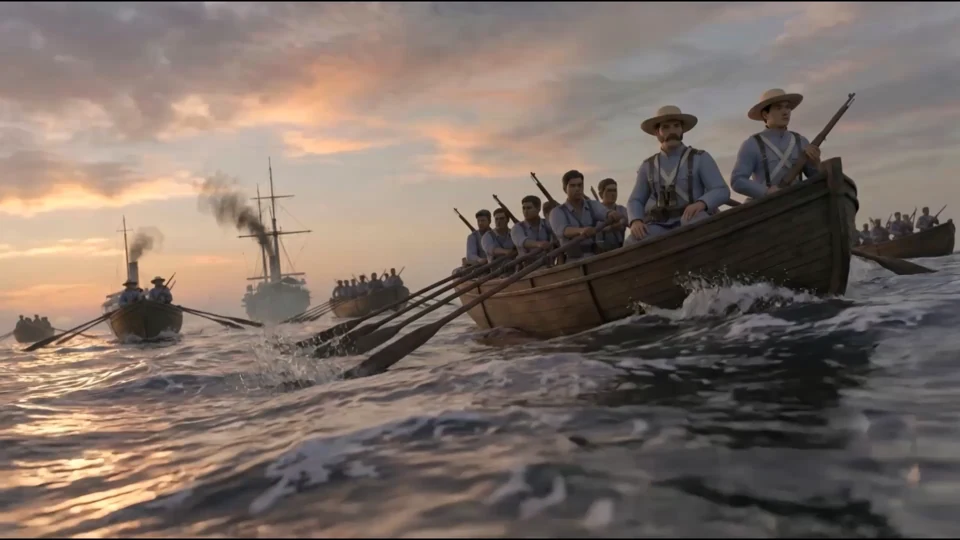 Period soldiers rowing wooden boats across the sea in General Maxilom.