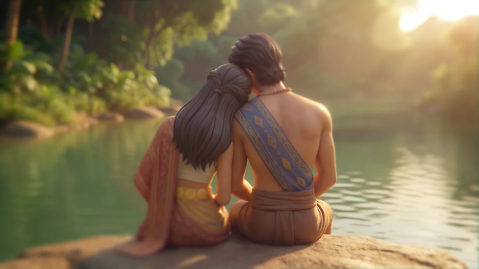 Two animated characters seated together beside a sunlit river in Hibik.
