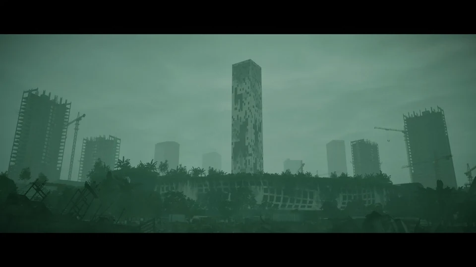 A ruined Cebu skyline shrouded in green mist in Zombie Cebu.